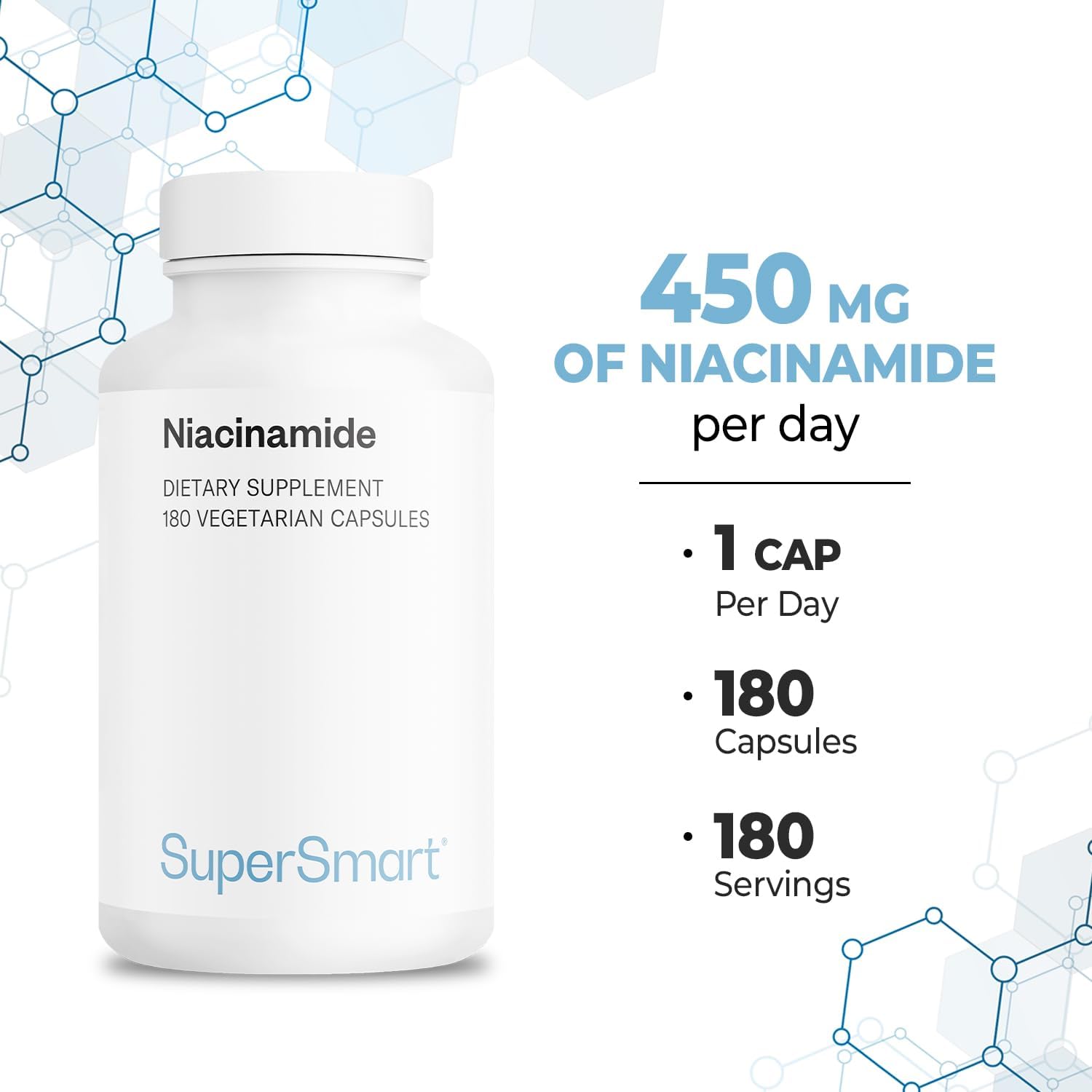 Supersmart - Suplemento de Niacinamida (Nicotinamida) 500mg - Vitamina B3 Sin Enrojecimiento - No GMO y Sin Gluten - 180 Cápsulas Vegetales