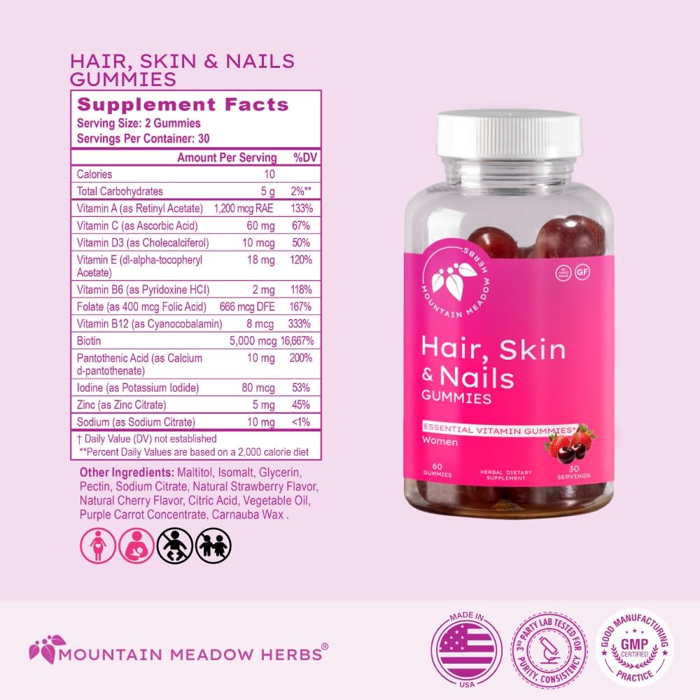 Mountain Meadow Herbs Gominolas para Cabello, Uñas y Piel con Biotina (60 unidades)
