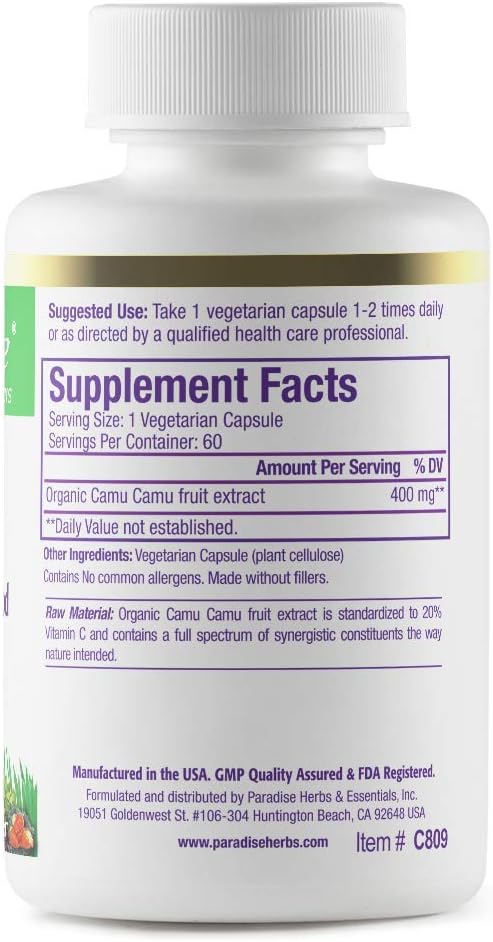 Paradise Herbs, Extracto Orgánico de Camu Camu, 400 mg, Rico en Vitamina C, Puro y Potente, Sin Gluten, No GMO, Vegano, 60 Cápsulas