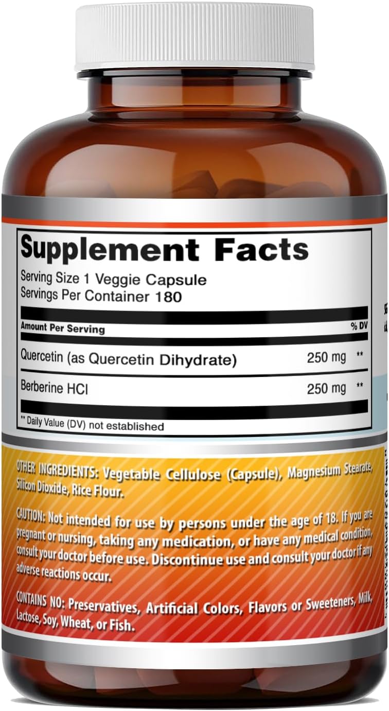 Amazing Formulas Quercetina Berberina - 250mg Berberina y 250mg Quercetina, 180 Cápsulas Vegetales