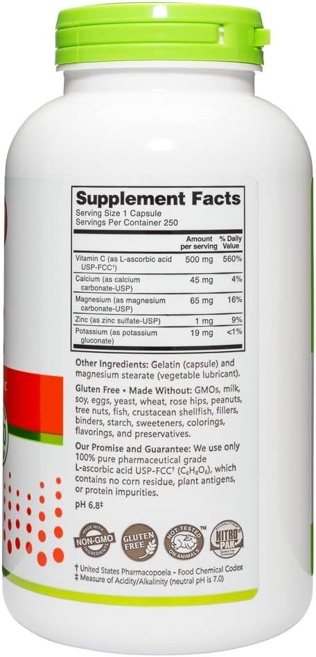 NutriBiotic Buffered Vitamin C 500 mg, 250 Capsules - Pharmaceutical Grade with Minerals