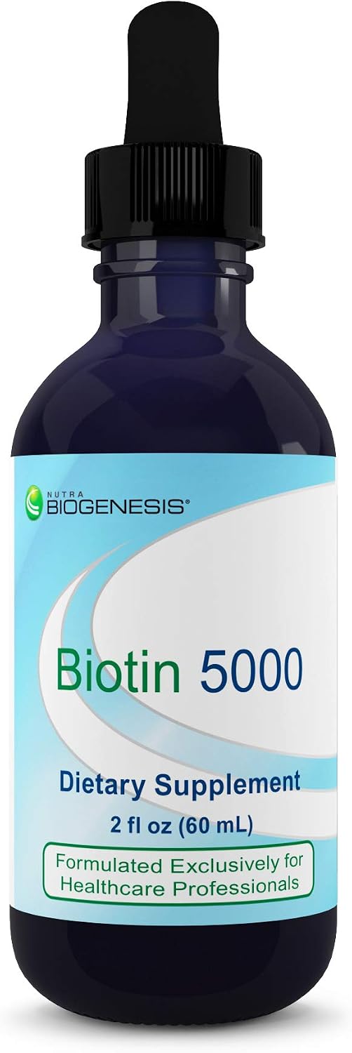Nutra BioGenesis Biotina 5000 - Gotas de Biotina Líquida para Cabello, Piel y Uñas, Suplemento Puro para Mujeres y Hombres, 5000mcg por Porción - 59 mL (2 Oz Líq.) en Frasco de Vidrio
