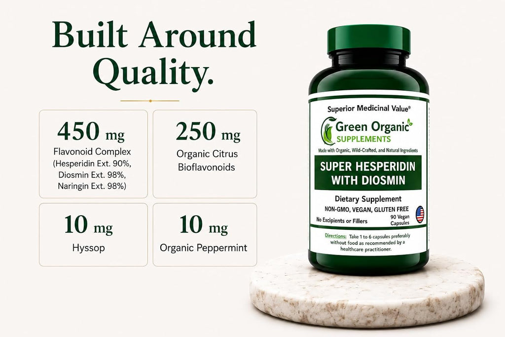 Green Organic Supplements Super Hesperidin con Diosmin y Naringin, Hecho a Mano, Sin OGM, Vegano y Sin Gluten