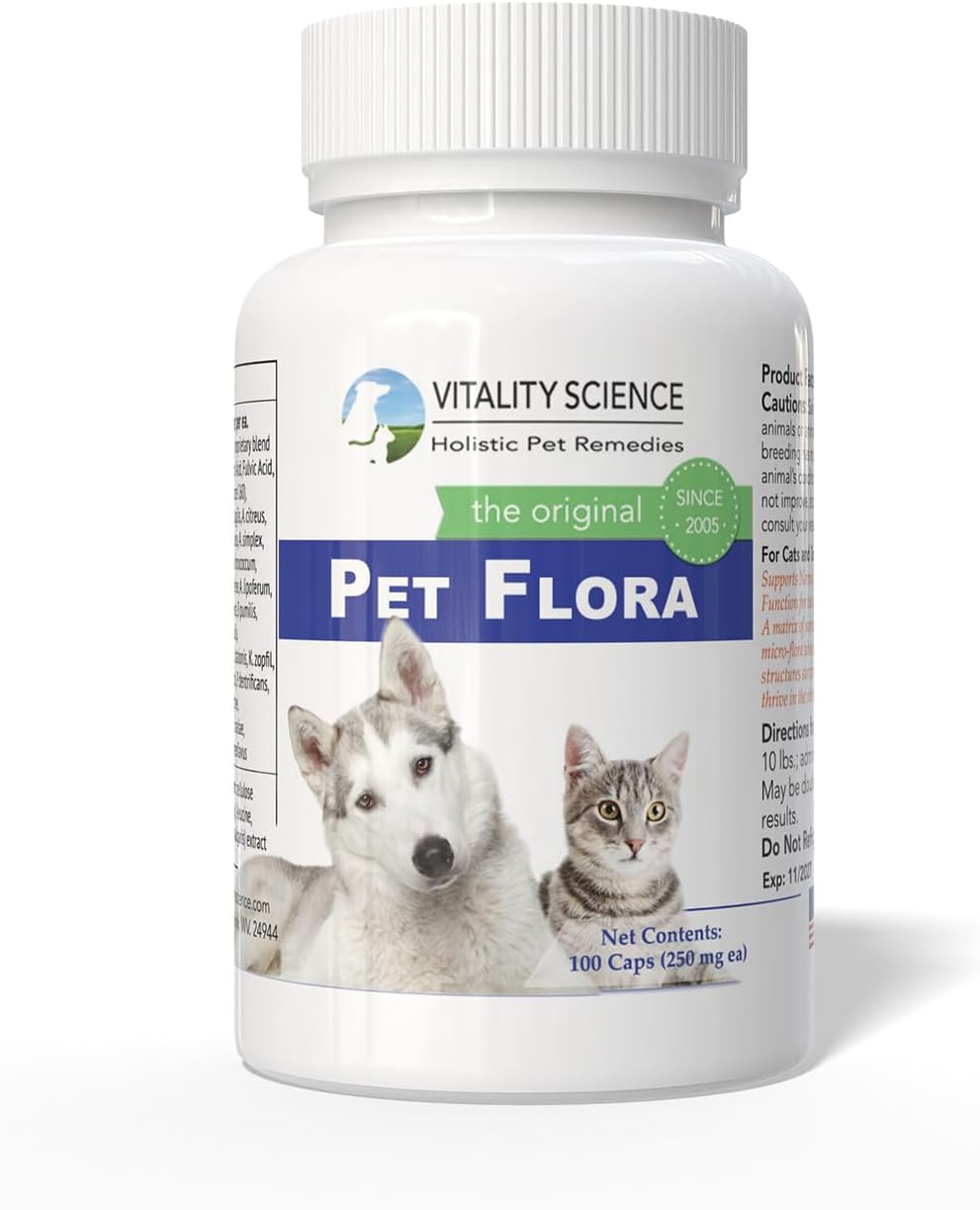 Vitality Science Pet Flora – Probióticos Naturales para Perros y Gatos | Salud Digestiva | 250 Cápsulas