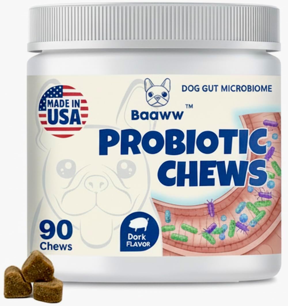 Baaww Probióticos para Perros - Alivio Diarrea, Apoyo Inmunológico, Salud Digestiva, 6 mil millones de UFC, 90 Masticables Sabor Cerdo para Todas las Razas
