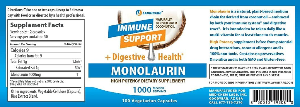 Lauricare Monolaurin 1000mg - 100 Cápsulas