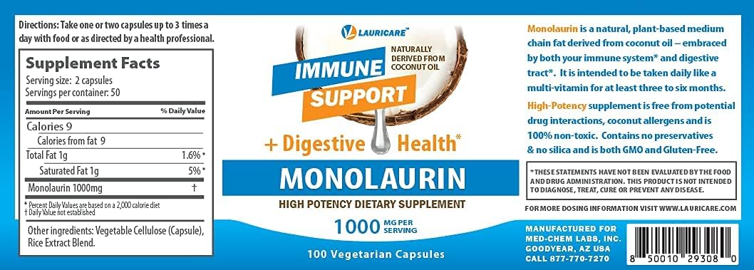 Lauricare Monolaurin 1000mg - 100 Cápsulas