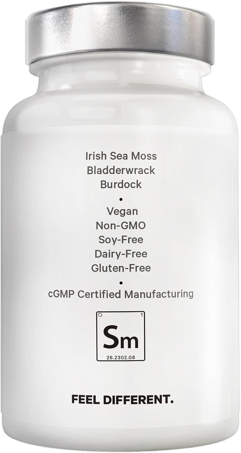 Amen Sea Moss, 1000 mg Musgo Marino Orgánico con Vejiga de Mar, Raíz de Bardana, Vitamina C y Pimienta Negra - 90 Cápsulas Veganas