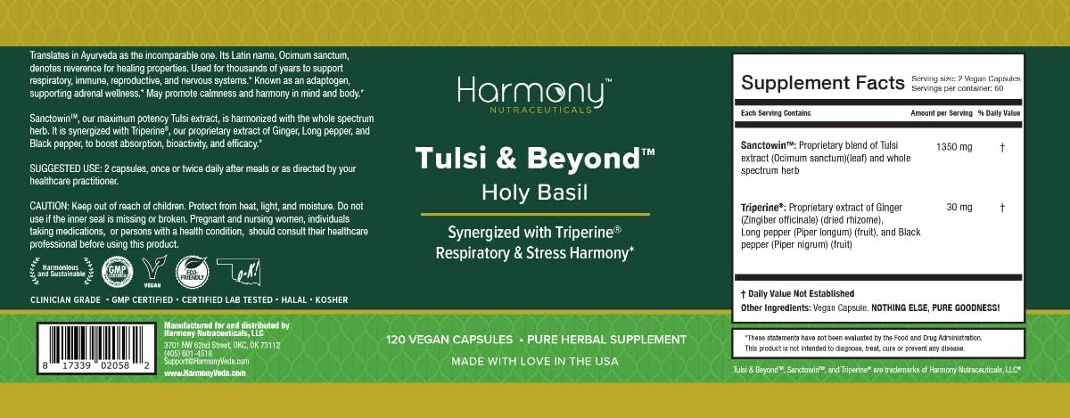 Tulsi (Albahaca Sagrada) - Suplemento de Alta Potencia con Hierbas Orgánicas - 120 Cápsulas Vegetarianas