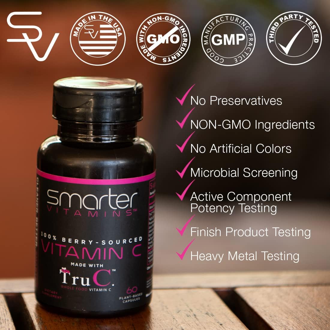 SmarterVitamins (Paquete de 3) Vitamina C Natural de Alimentos Integrales con Bayas, Apoyo Inmunológico, Antioxidantes, Bioflavonoides y Polifenoles, 180 Cápsulas Veganas