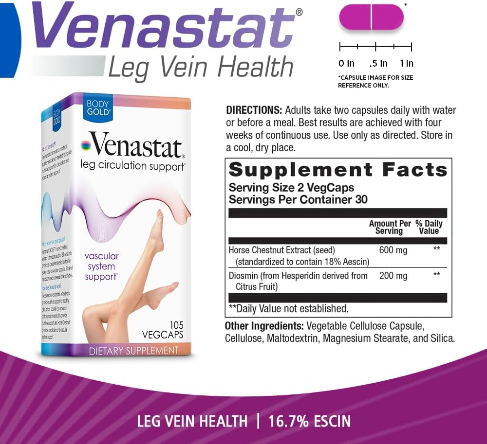 Body Gold Venastat – Suplemento para la salud venosa y circulación, 105 cápsulas veganas