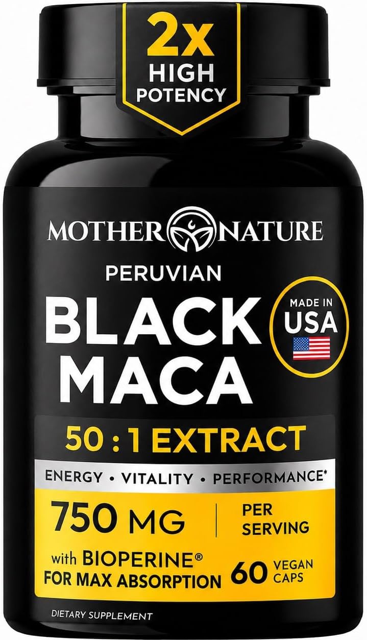 MNO Black Maca Root 50:1 750mg – Maca Negra Peruana Orgánica, 60 Cápsulas Veganas