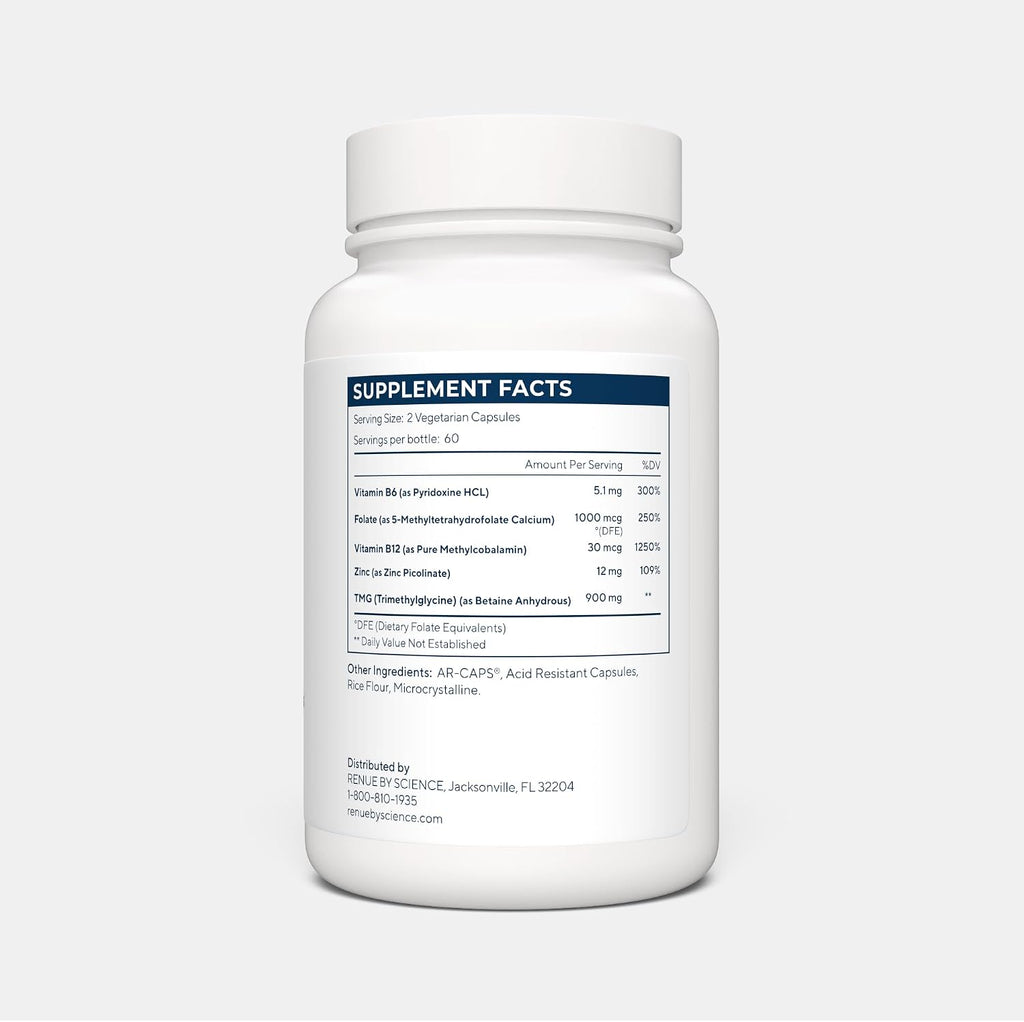 Renue By Science TMG Methylation Essentials - 120 Cápsulas Entéricas con B12, B6, Folato y Zinc