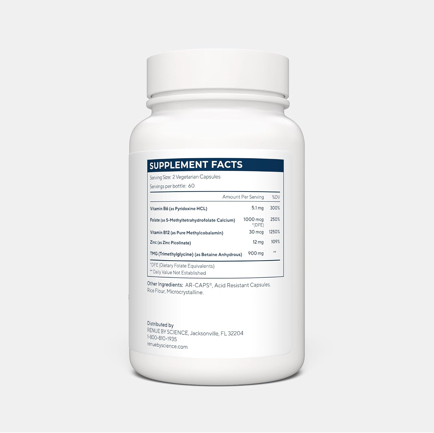 Renue By Science TMG Methylation Essentials - 120 Cápsulas Entéricas con B12, B6, Folato y Zinc