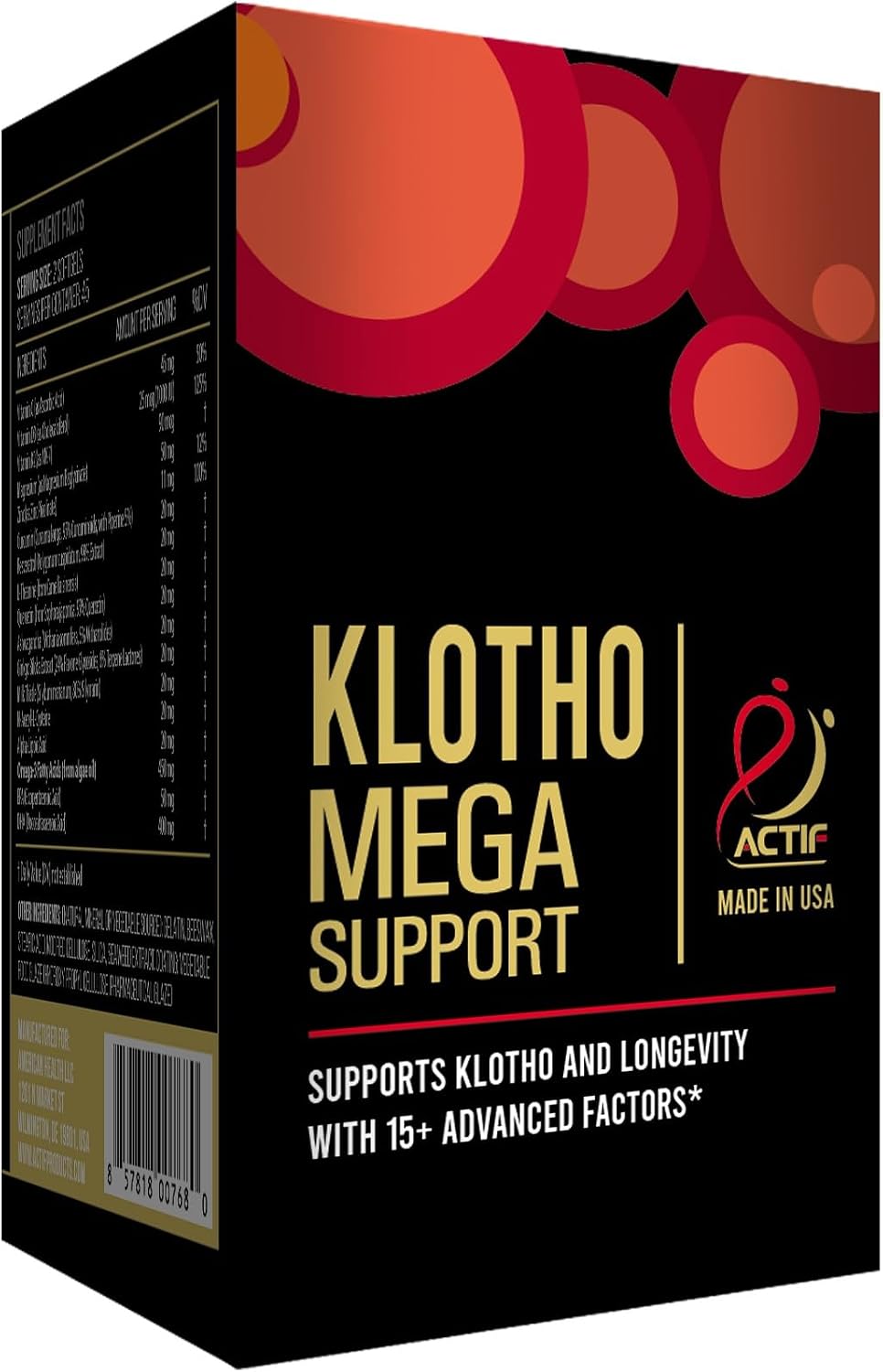 ACTIF Klotho Mega Support con 20+ Factores Avanzados para el Apoyo a la Longevidad - No OGM, Fabricado en EE.UU., 90 unidades