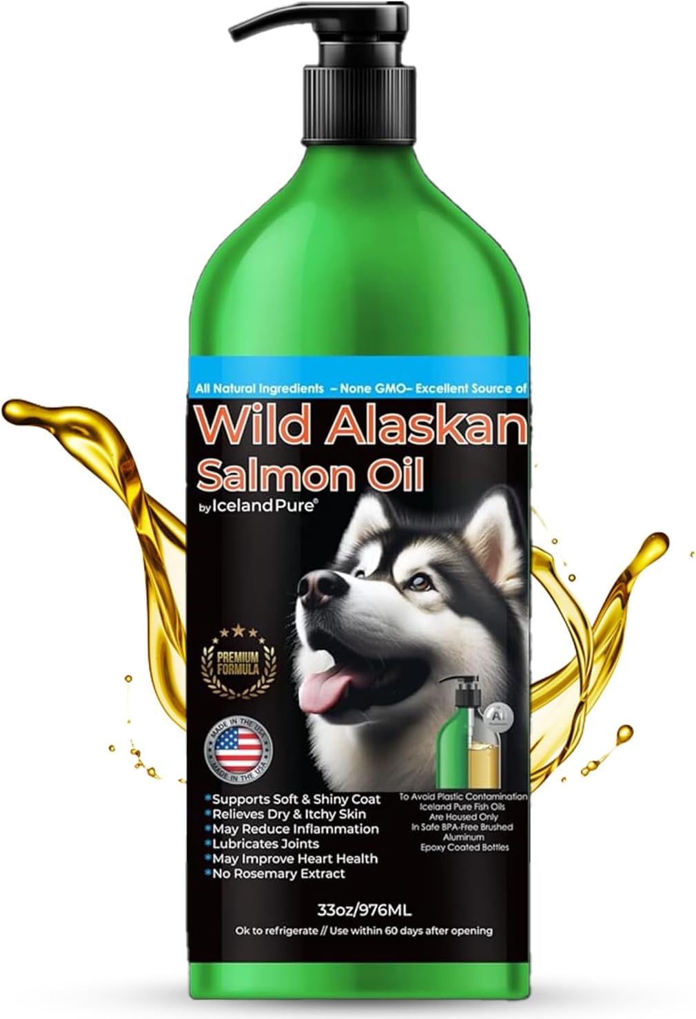 Iceland Pure Aceite de Salmón Salvaje de Alaska para Perros y Gatos - 33 oz (946 ml) - Rico en Omega-3