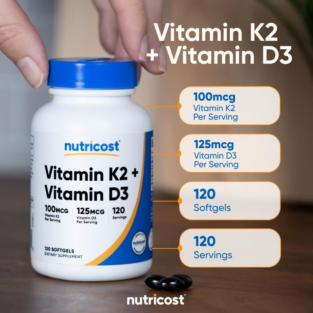 Nutricost Vitamina D3 + K2 (5000 UI D3 / 100 mcg MK7), 120 Cápsulas Blandas – Sin Gluten y No GMO