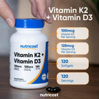 Nutricost Vitamina D3 + K2 (5000 UI D3 / 100 mcg MK7), 120 Cápsulas Blandas – Sin Gluten y No GMO