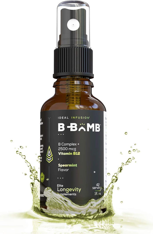 B-Bomb Vitamina B12 + Complejo B Líquido en Spray: Metilcobalamina con Adenosilcobalamina - Energía y Estado de Ánimo, Sin Azúcar, Vegano, Sabor Menta Orgánica