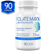 FOLATE MAXX L-Metilfolato 7.5mg, 90 Cápsulas – Complemento de Metil Folato de Alta Potencia para Mujeres y Hombres – 5-MTHF para Energía, Ánimo y Concentración – No-GMO, Sin Gluten (Suministro de 3 Meses)