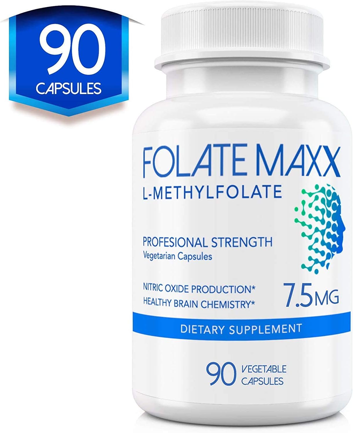 FOLATE MAXX L-Metilfolato 7.5mg, 90 Cápsulas – Complemento de Metil Folato de Alta Potencia para Mujeres y Hombres – 5-MTHF para Energía, Ánimo y Concentración – No-GMO, Sin Gluten (Suministro de 3 Meses)