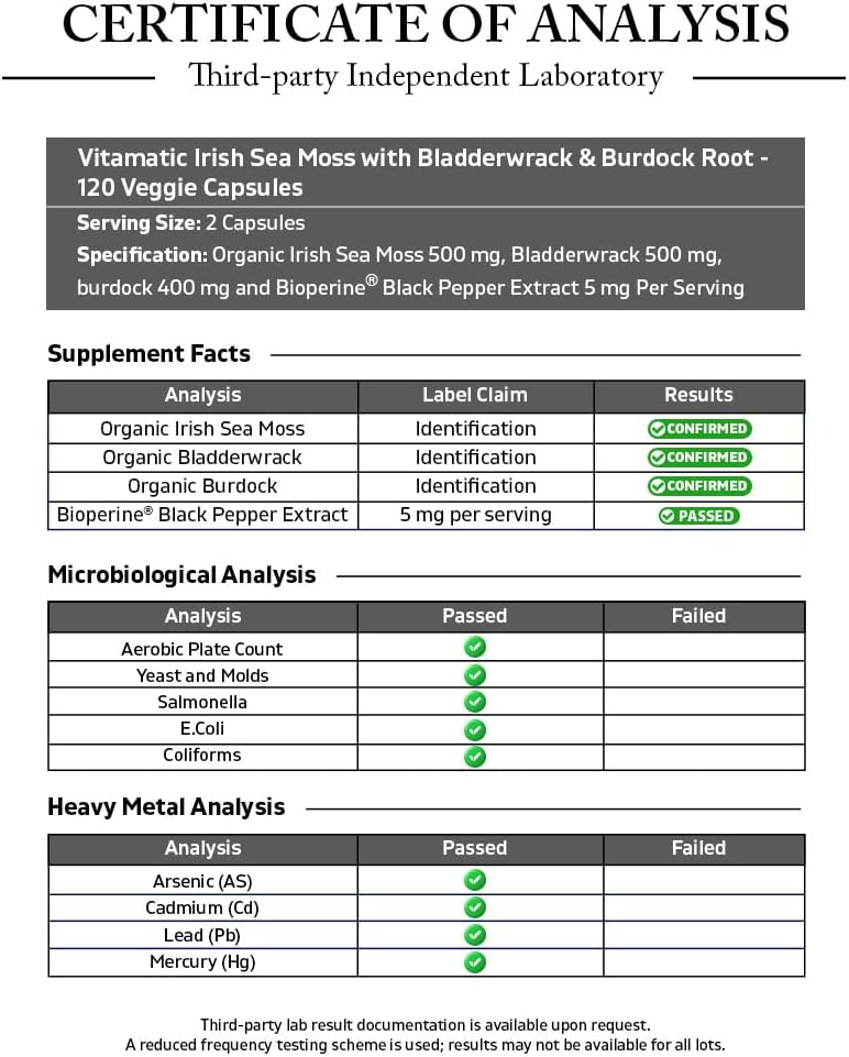 Vitamatic Irish Sea Moss – 120 Cápsulas Vegetarianas con Bladderwrack y Burdock Root