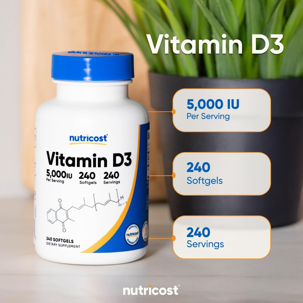 Nutricost Vitamina D3 5,000 UI (125 mcg), 240 Softgels - No GMO y Sin Gluten