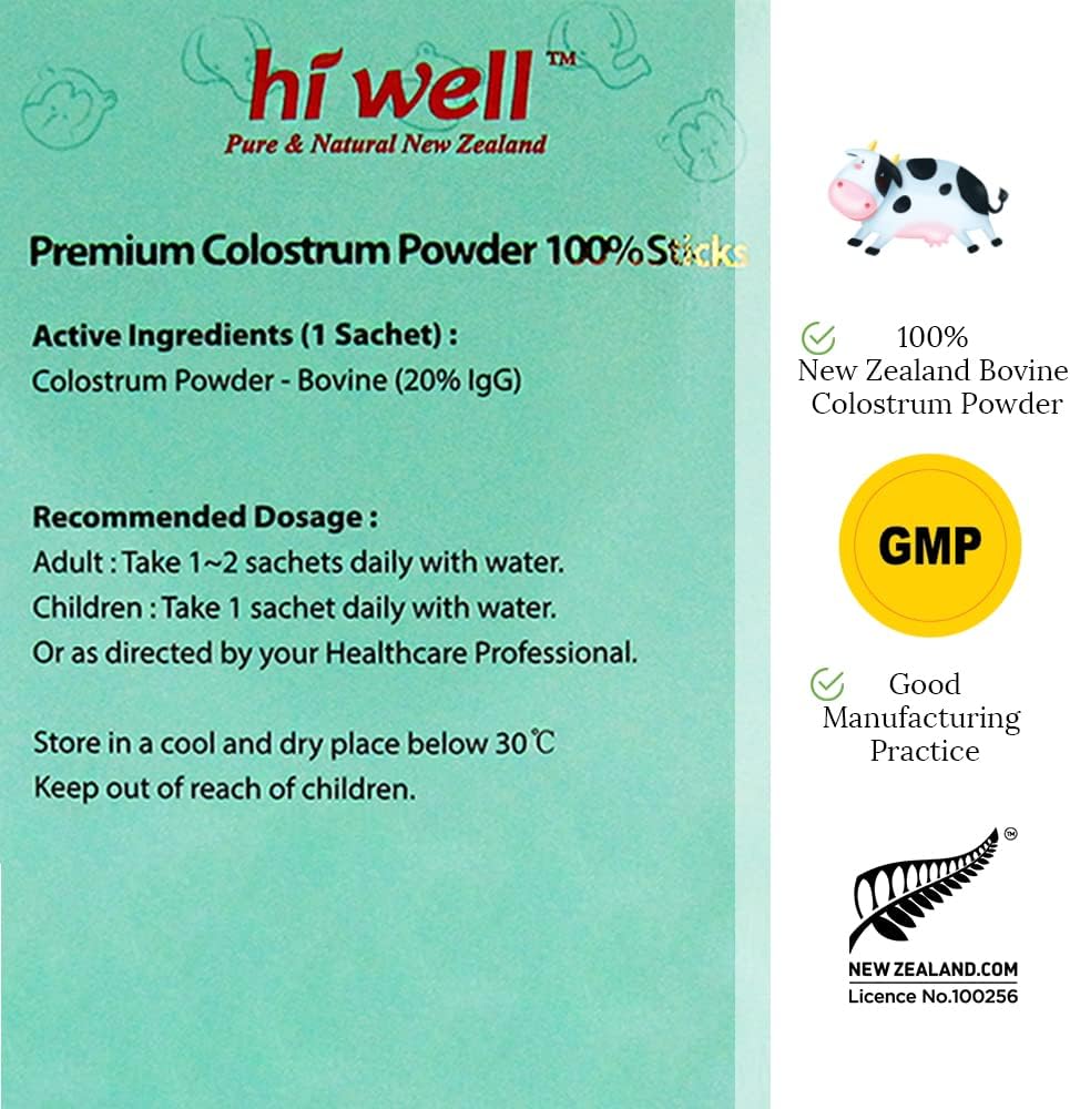 Hi Well Polvo de Colostro Bovino Premium Grass-Fed 100% - 60g (30 sticks)