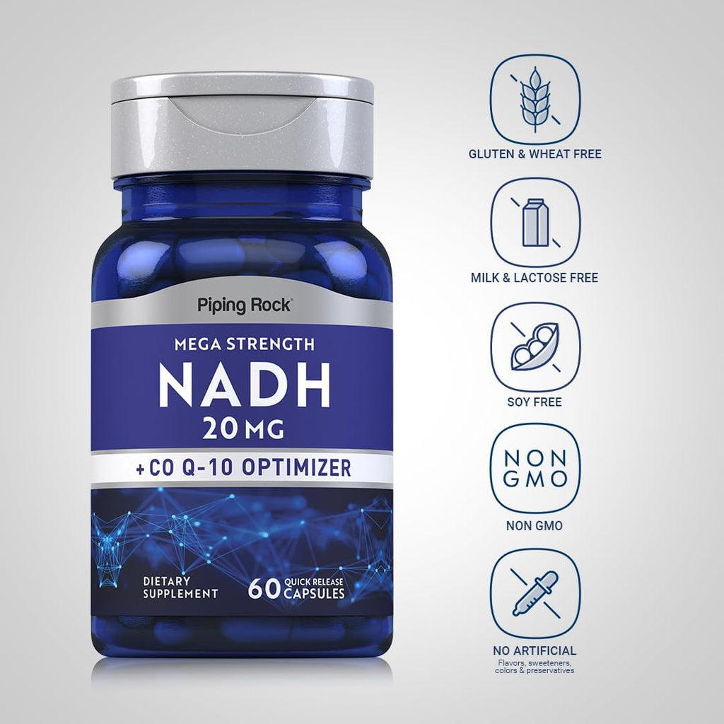 Piping Rock NADH CoQ10, 20 mg, 60 Cápsulas, Mega Fuerza, Sin OGM, Sin Gluten