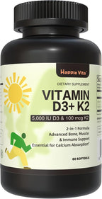 HappieVita Vitamina D3 K2, 5000 UI (125 mcg) + Vitamina K2 100 mcg, 2 en 1, 60 Cápsulas Blandas