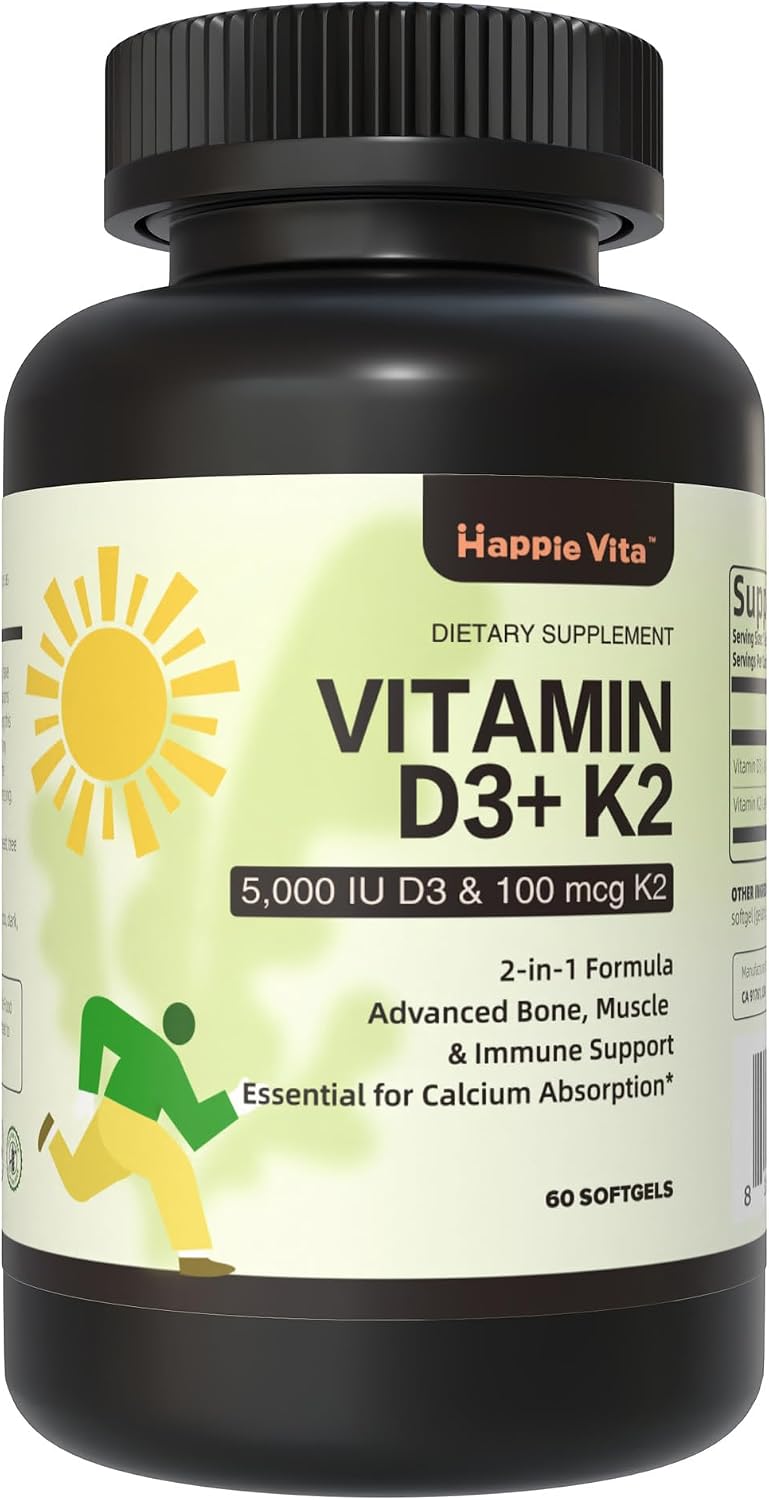 HappieVita Vitamina D3 K2, 5000 UI (125 mcg) + Vitamina K2 100 mcg, 2 en 1, 60 Cápsulas Blandas