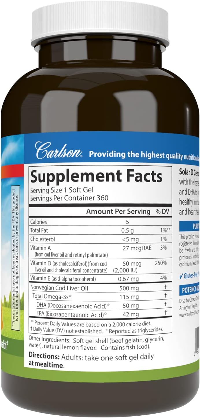 Carlson Solar D Gems - Vitamin D3 2000 IU and Omega-3, 360 Softgels