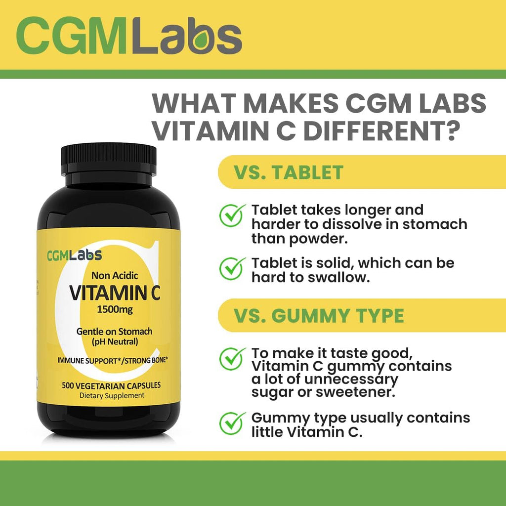CGMLABS Vitamina C No Ácida 1500mg con Calcio - 500 Cápsulas