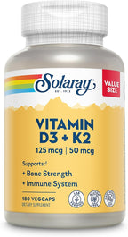 SOLARAY Vitamina D3 K2, Suplemento de Vitamina D3 y K2 para la Absorción de Calcio, Salud Ósea y Apoyo Inmunológico, Sin Soja, 60 Cápsulas Veganas