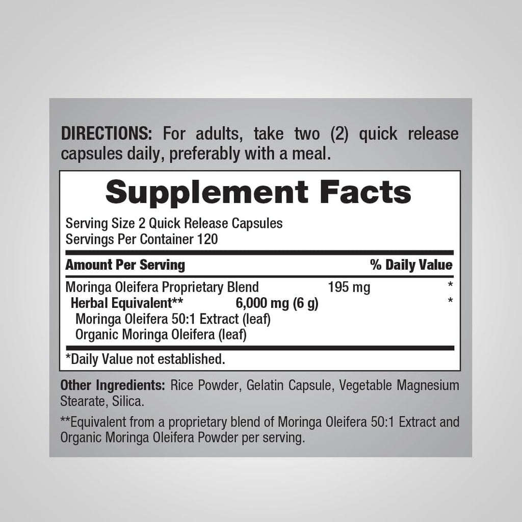 Piping Rock Moringa Oleifera - 240 Cápsulas - Extracto de Hoja de Alta Potencia - Sin OGM y Sin Gluten