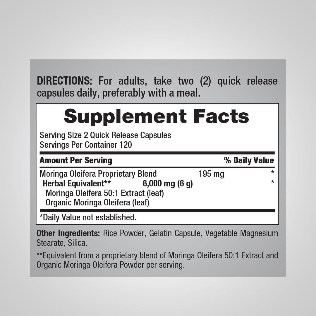 Piping Rock Moringa Oleifera - 240 Cápsulas - Extracto de Hoja de Alta Potencia - Sin OGM y Sin Gluten