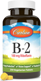 Carlson B-2, 100 mg de Riboflavina, Producción de Energía, Visión y Piel Sana, 250 Comprimidos Vegetarianos