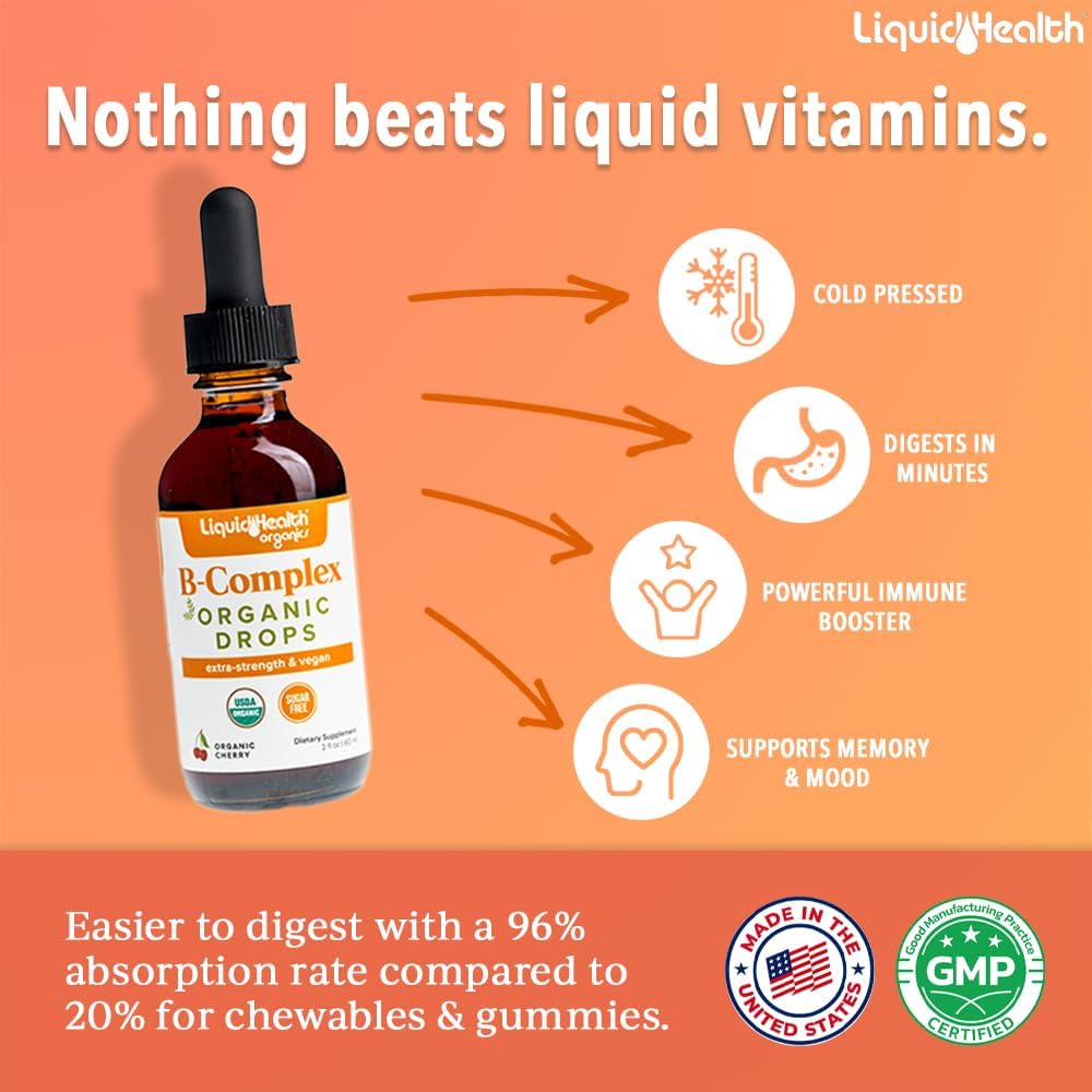 LIQUIDHEALTH Gotas de Complejo B Orgánico USDA para Hombres y Mujeres - Energía Natural, Enfoque, Memoria y Estado de Ánimo, Apoyo Inmunológico, Impulso al Metabolismo - Fabricado en EE. UU., Sin Azúcar, Vegano (2 Paquete)