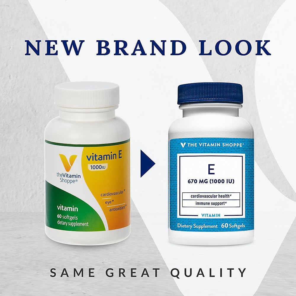 The Vitamin Shoppe Vitamina E 1000 UI - Apoyo Antioxidante para la Piel y Función Inmunológica, Vitamina Diaria (60 Cápsulas Blandas)