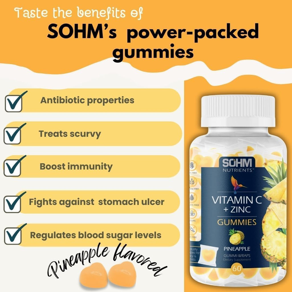 SOHM Vitamina C + Zinc Gominolas para Adultos | 60 mg Vitamina C + 15 mg Zinc | Sin Gluten, Sin Gelatina, Vegetarianas | 60 Unidades