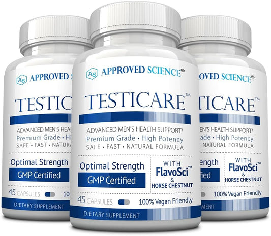 Approved Science TestiCare – Apoyo Venoso Testicular con Castaño de Indias y Hamamelis – 3 Botellas (135 Cápsulas) – Vegano