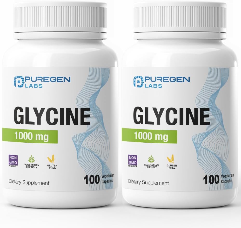 Puregen Labs Glicina 1000mg [Alta Potencia] 100 Cápsulas Vegetales - Suplemento de Glicina Pura