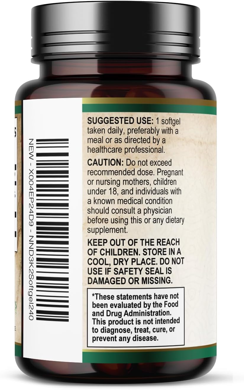 Vitamina D3 4000 UI y K2 100 mcg por Dosis - Suplemento Extra Fuerte para Huesos, Corazón y Músculos - Apoyo Inmune y Absorción de Calcio con Aceite de Oliva - Sin OGM - 120 Cápsulas Blandas