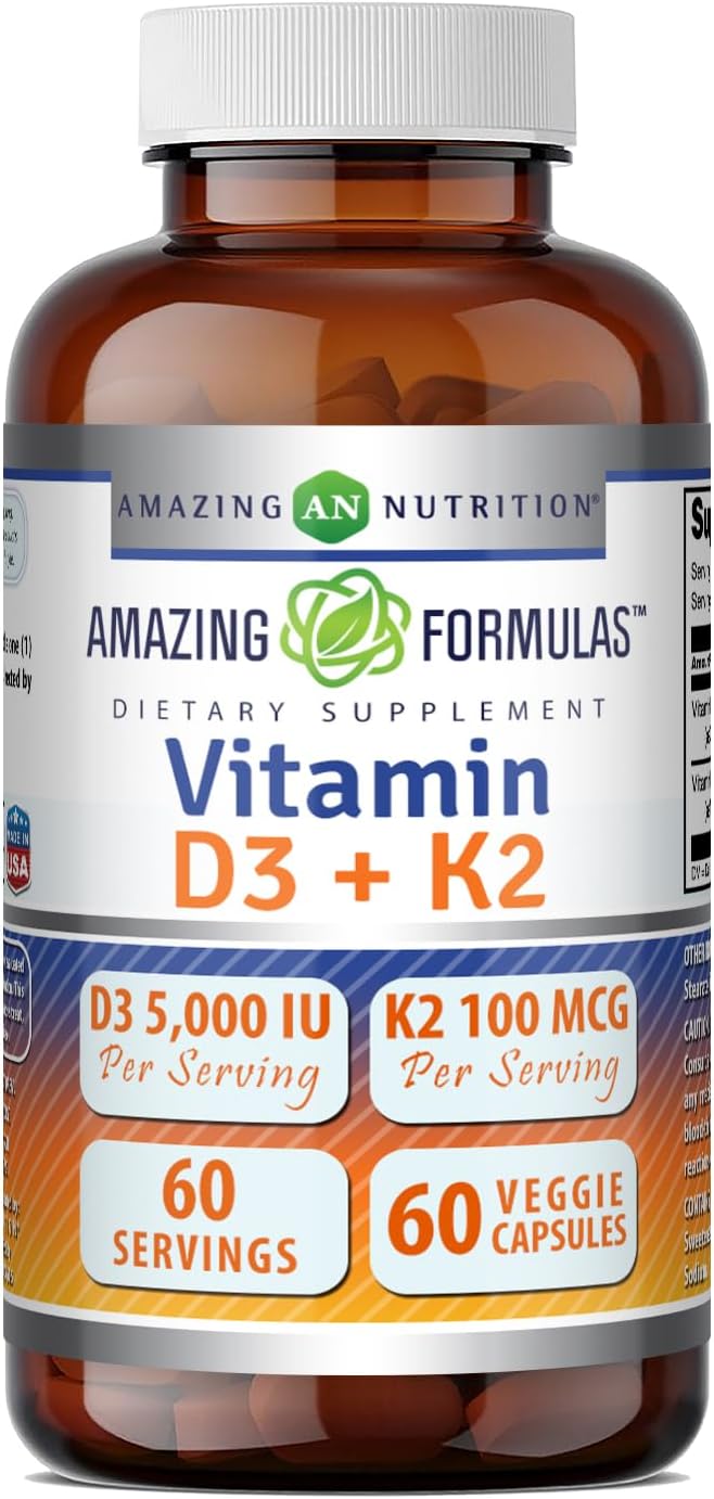 Amazing Formulas Vitamina D3 5000 UI con Vitamina K2 100 mcg - 250 Cápsulas Vegetales
