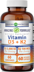 Amazing Formulas Vitamina D3 5000 UI con Vitamina K2 100 mcg | Complejo D3 + K2 | Cápsulas vegetales | No-GMO | Sin gluten | 60 Cápsulas