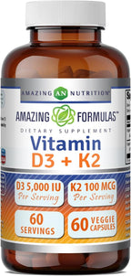 Amazing Formulas Vitamina D3 5000 UI con Vitamina K2 100 mcg | Complejo D3 + K2 | Cápsulas vegetales | No-GMO | Sin gluten | 60 Cápsulas