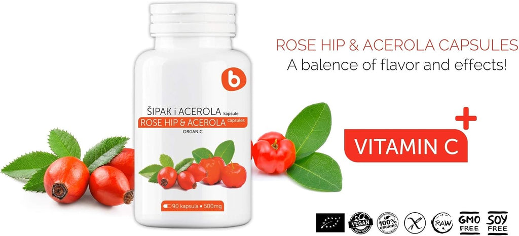 b Natural Cápsulas de Rosa Mosqueta y Acerola - Vitamina C vegetal 1000 mg - Sin ácido ascórbico - 90 cápsulas veganas