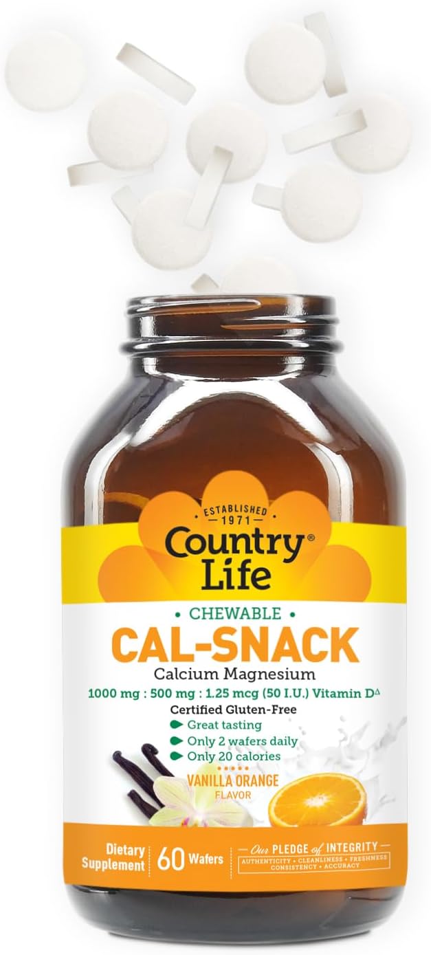 Country Life Cal-Snack - Calcio, Magnesio y Vitamina D Masticable - 1000 mg / 500 mg / 50 UI - 60 obleas