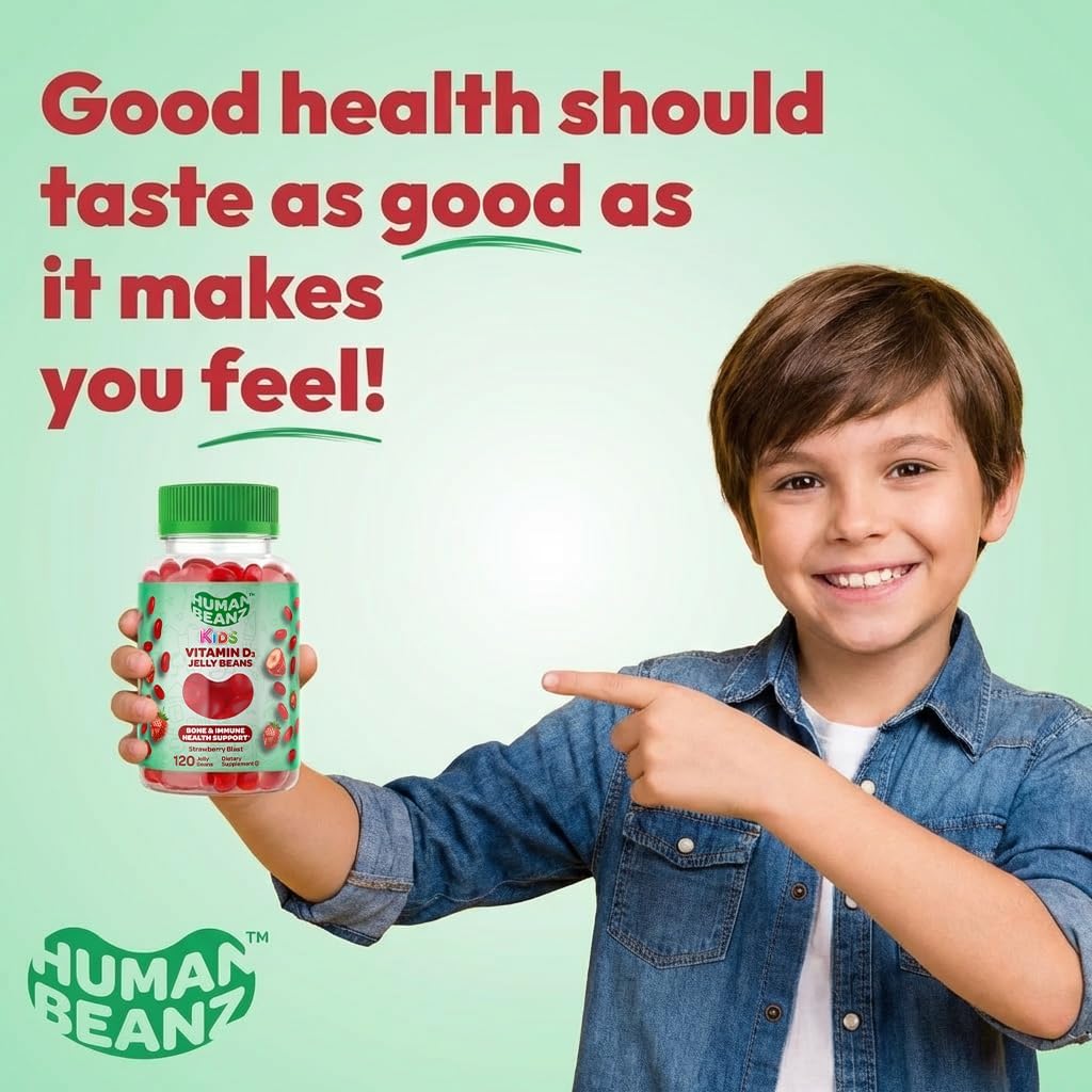 Human Beanz Vitamin D3 Jelly Bean Gummies para Niños, 25mcg/1000 UI, 120 Gominolas Sabor Fresa