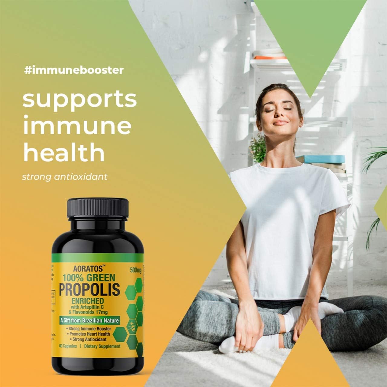 Aoratos 100% Brazilian Green Propolis Enriched 500mg, Apoyo Inmunológico, 60 Cápsulas Vegetales